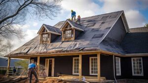 A worker inspects weathered asphalt shingles on a residential roof under partly cloudy skies.