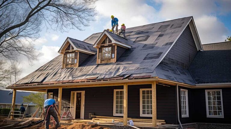 A worker inspects weathered asphalt shingles on a residential roof under partly cloudy skies.