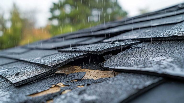 Homeowner examines roof shingles and gutters from the ground beside a snow-dusted house.